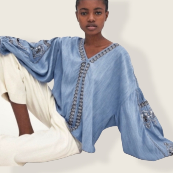Zara Tops - Light Blue Embroidered V-Neck Women's Top